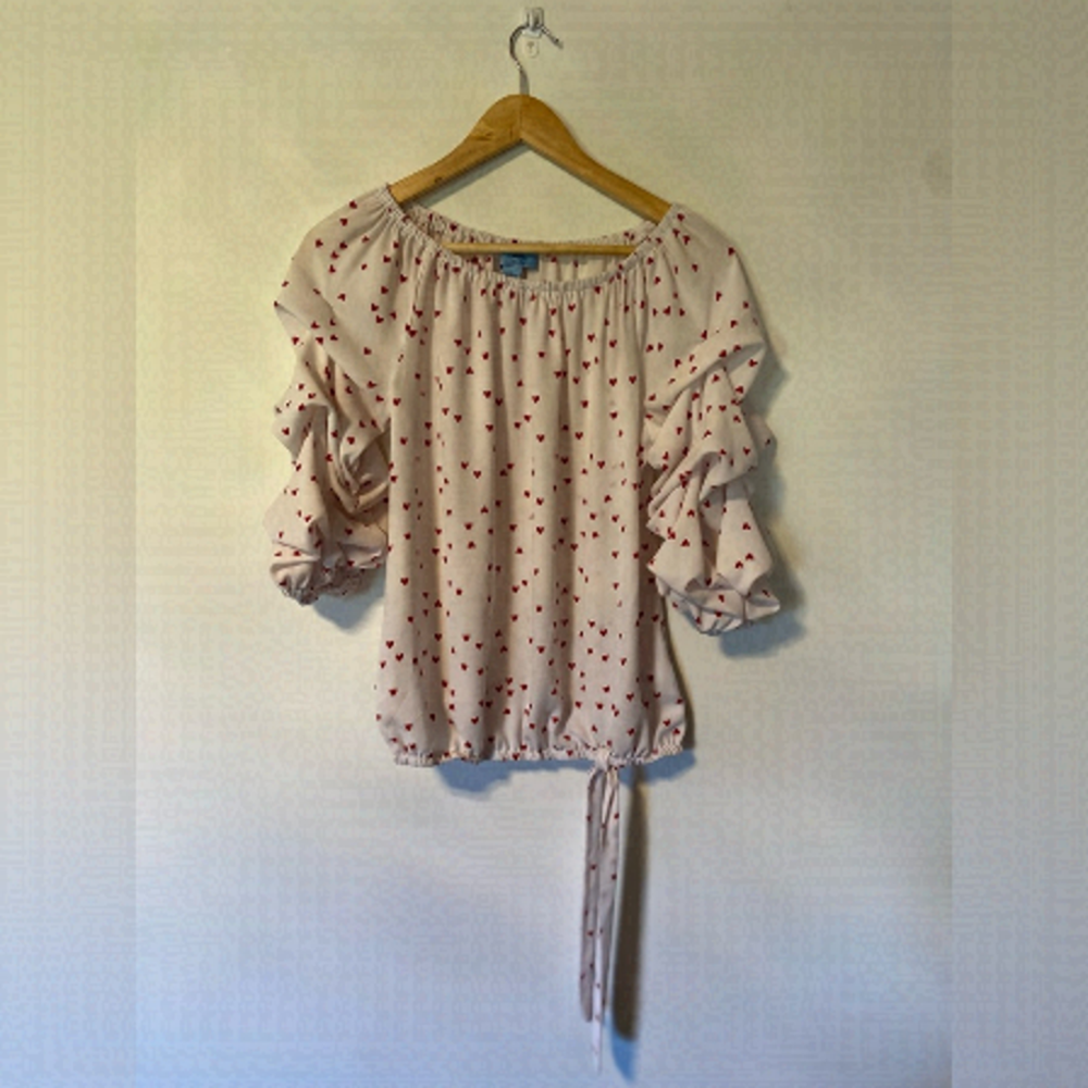 CeCe Blouse Top White With Red Hearts Valentines Tie Tiered Sleeves